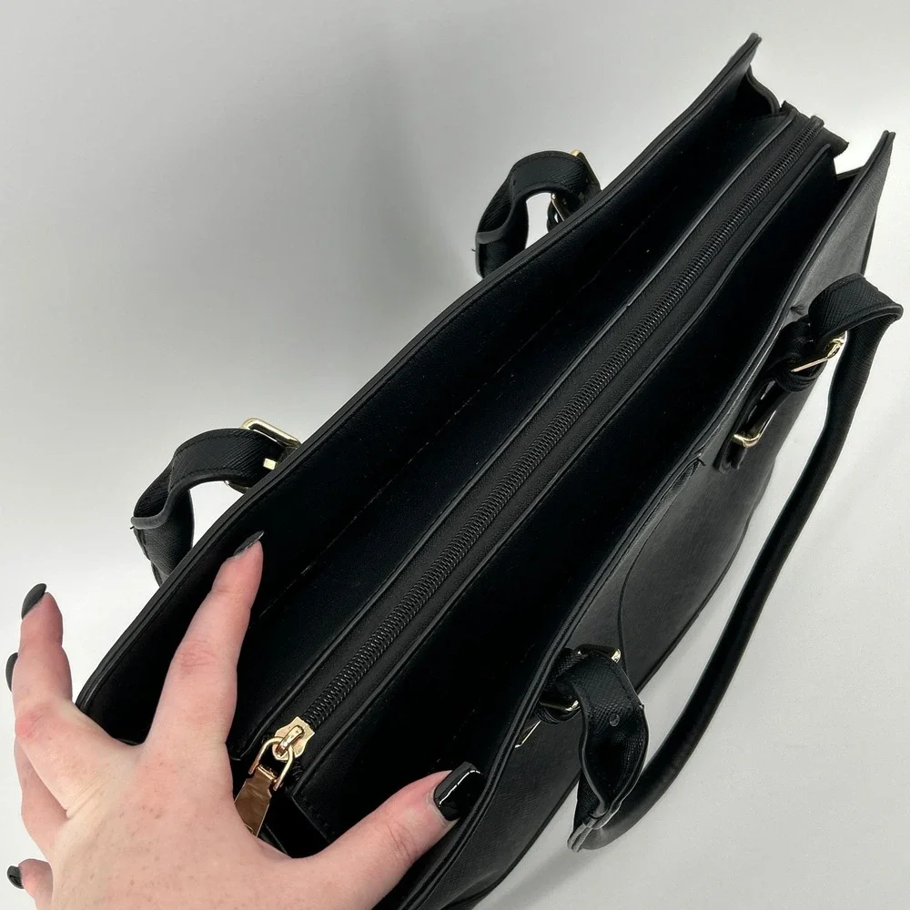 Black Saffiano Faux Leather Laptop Strap Tote Commuter Bag Work Briefcase Travel